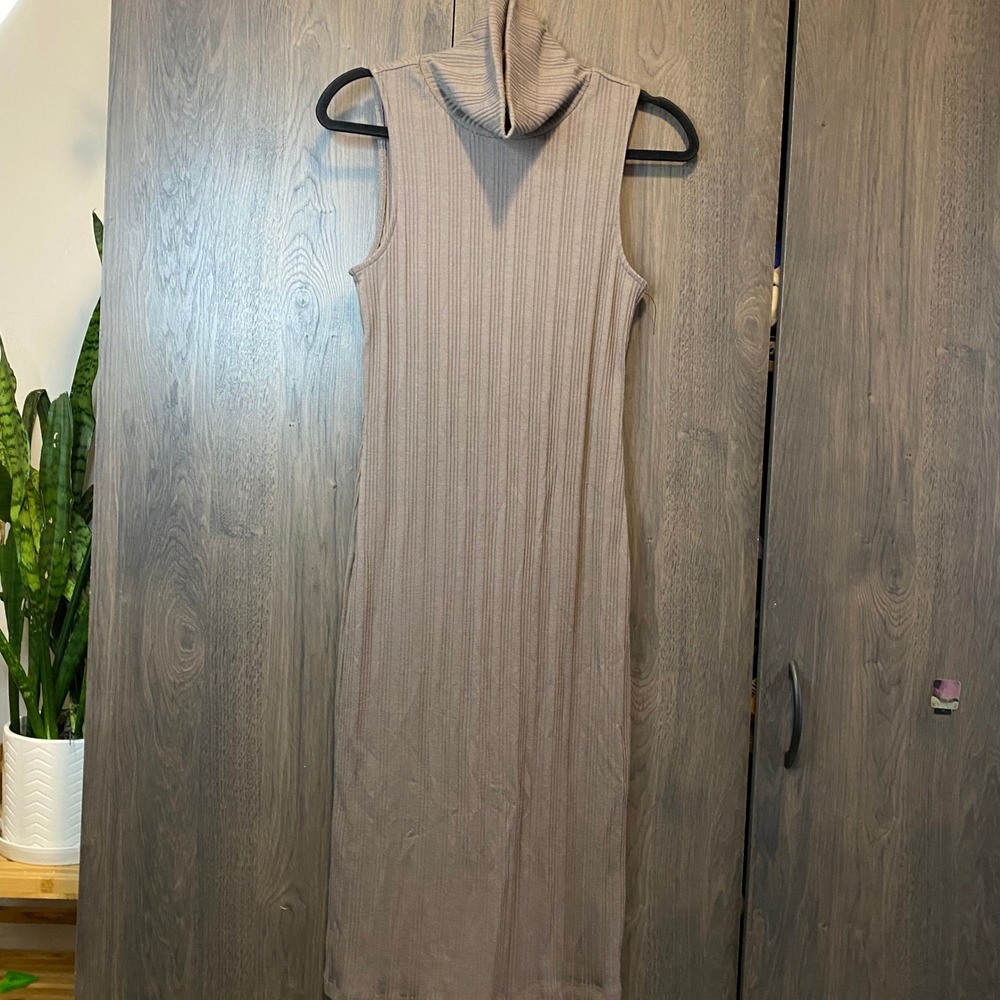 Nine West Womens Taupe Ribbed Sleeveless Turtleneck Midi Bodycon Dress Medium
